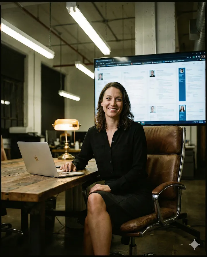 Ejecutiva de recursos humanos evaluando un cv en formato web app creado con la IA de Gemini.