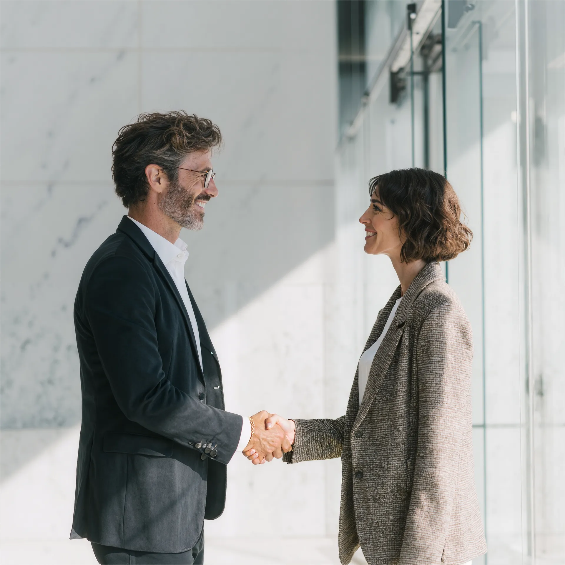 Hombre y mujer estrechando la mano en un espacio luminoso con paredes de mármol y cristal, sonrientes mientras cierran un acuerdo profesional.
