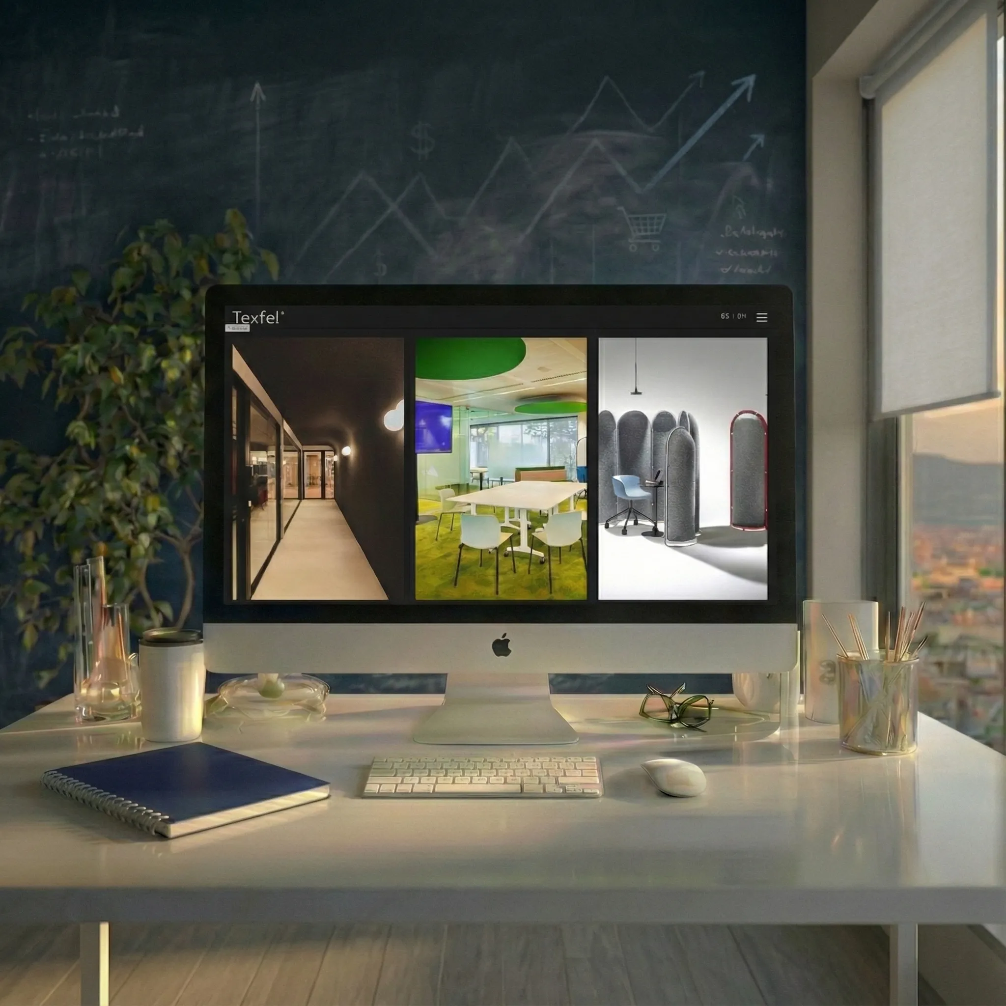Espacio de trabajo moderno con iMac mostrando proyectos de diseño web e interiorismo, escritorio minimalista junto a ventana con vistas urbanas al atardecer.