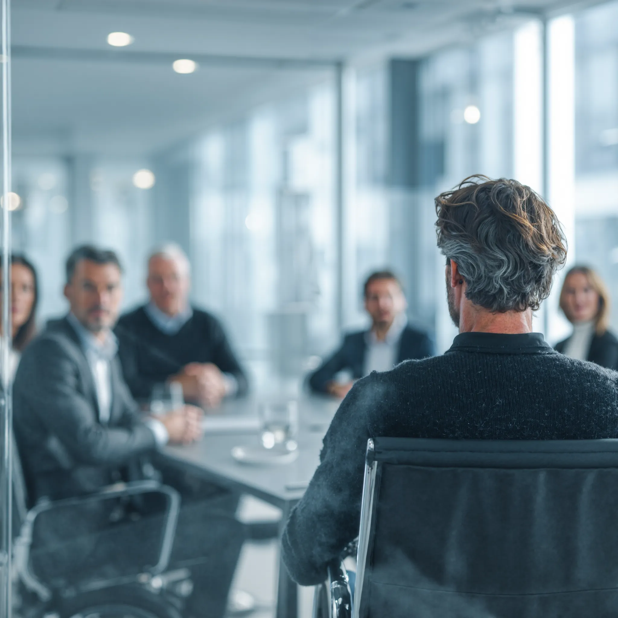 Hombre sentado de espaldas liderando una reunión con varias personas en una sala de juntas luminosa y acristalada.