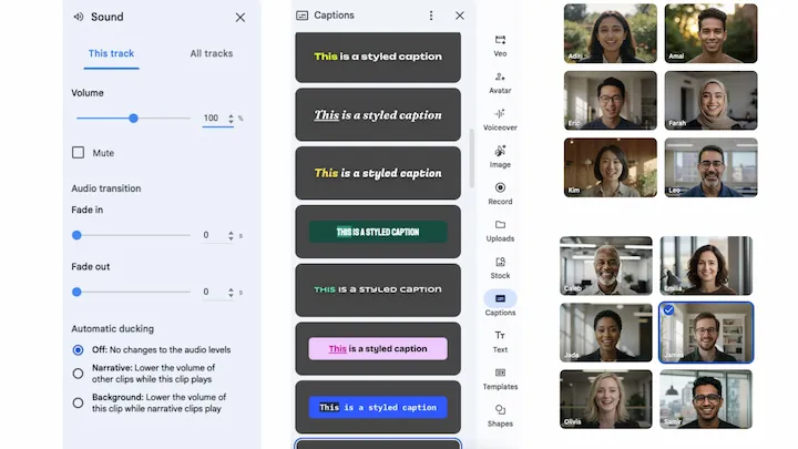 Sonido, subtítulos y avatares en Google Vids