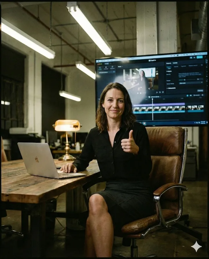 Chica creada con la Inteligencia Artificial de Nano Banana PRO con una pantalla detrás de capcut