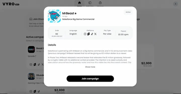 Detalles de la campaña de MrBeast en Vyro
