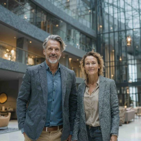 Pareja de mediana edad generada con IA mejorada con Enhancor para lograr piel realista, textura y detalles humanos