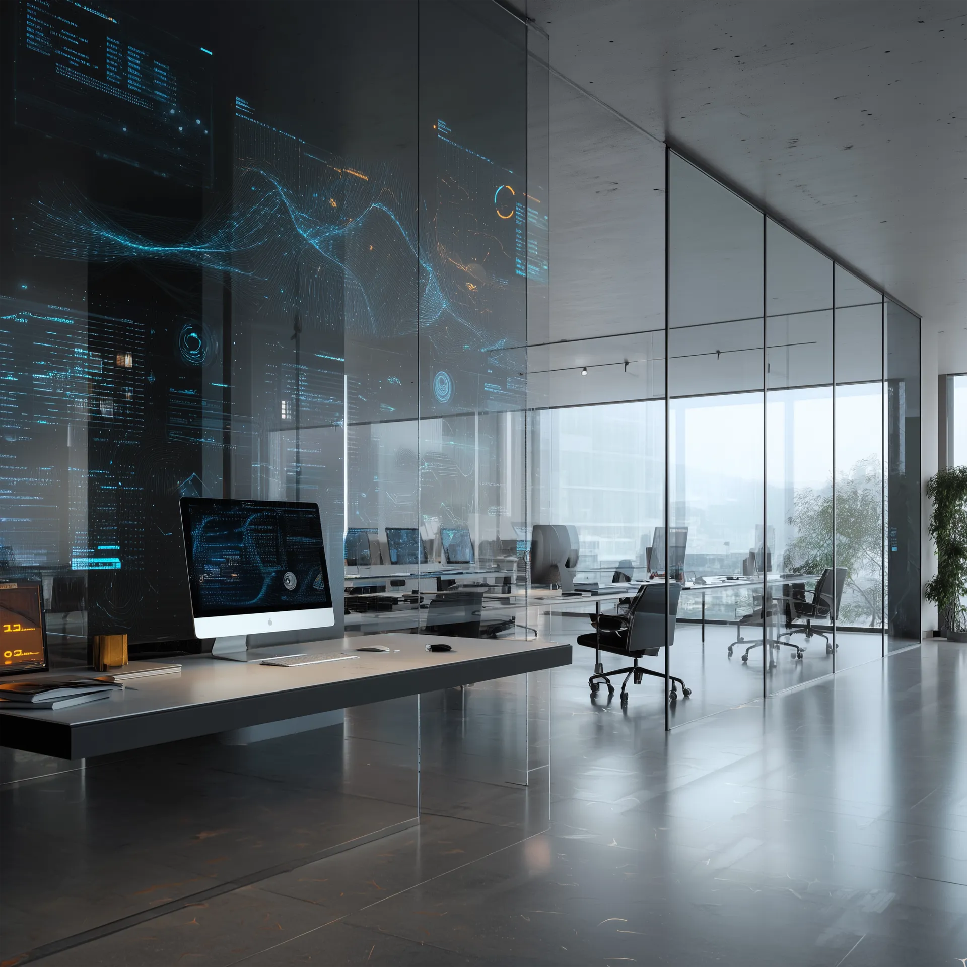 Oficina moderna con paredes de cristal, varios ordenadores encendidos y pantallas digitales proyectadas, mostrando un entorno tecnológico y de análisis de datos.