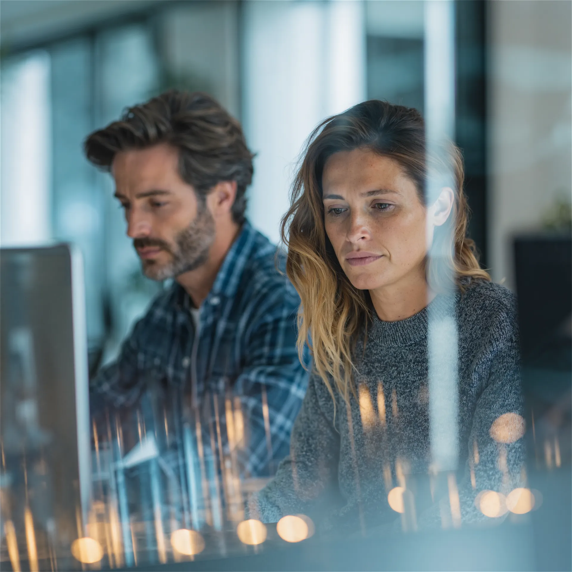 Mujer y hombre trabajando concentrados frente a un ordenador en una oficina moderna, vistos a través de un cristal con reflejos de luces.