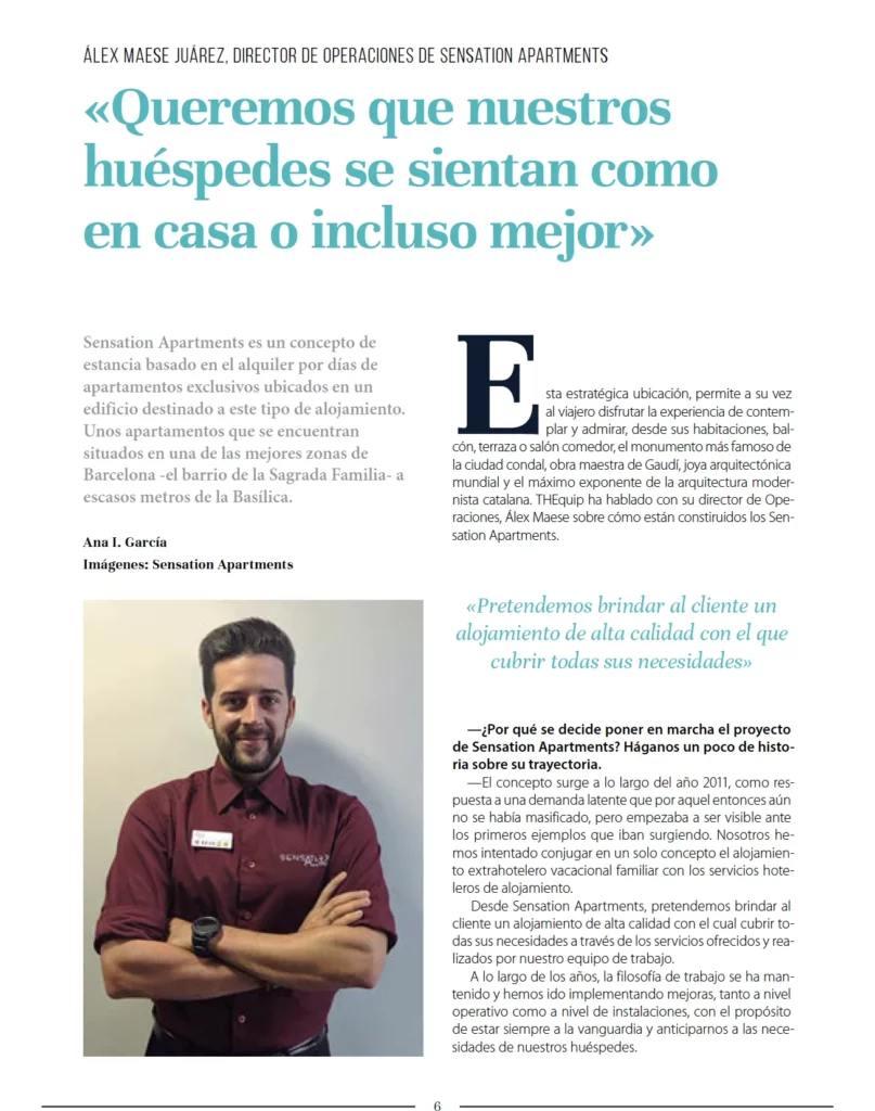 Artículo de revista especializado en hotelería con entrevista y fotografías de Sensation Apartments, destacando su enfoque en el confort del huésped y su ubicación en Barcelona.