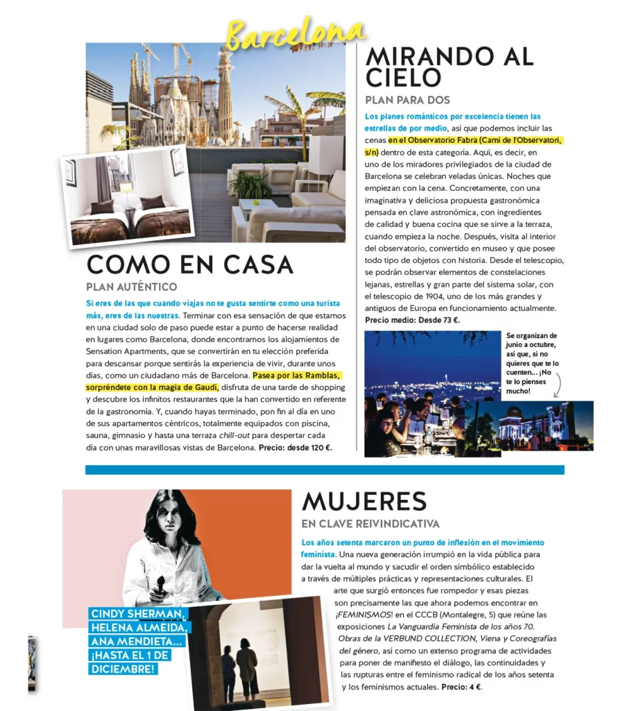 Página de revista que destaca recomendaciones de viaje en Barcelona, incluyendo una sección dedicada a Sensation Apartments, con imágenes de interiores y terrazas con vistas a la ciudad.