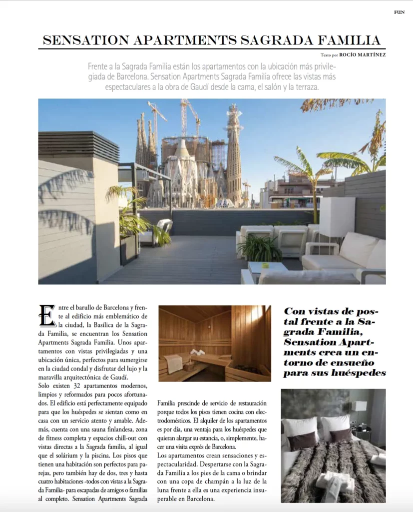 Reportaje en revista mostrando los apartamentos Sensation Apartments frente a la Sagrada Familia, con fotografías de terrazas, interiores y descripción de su experiencia de alojamiento.