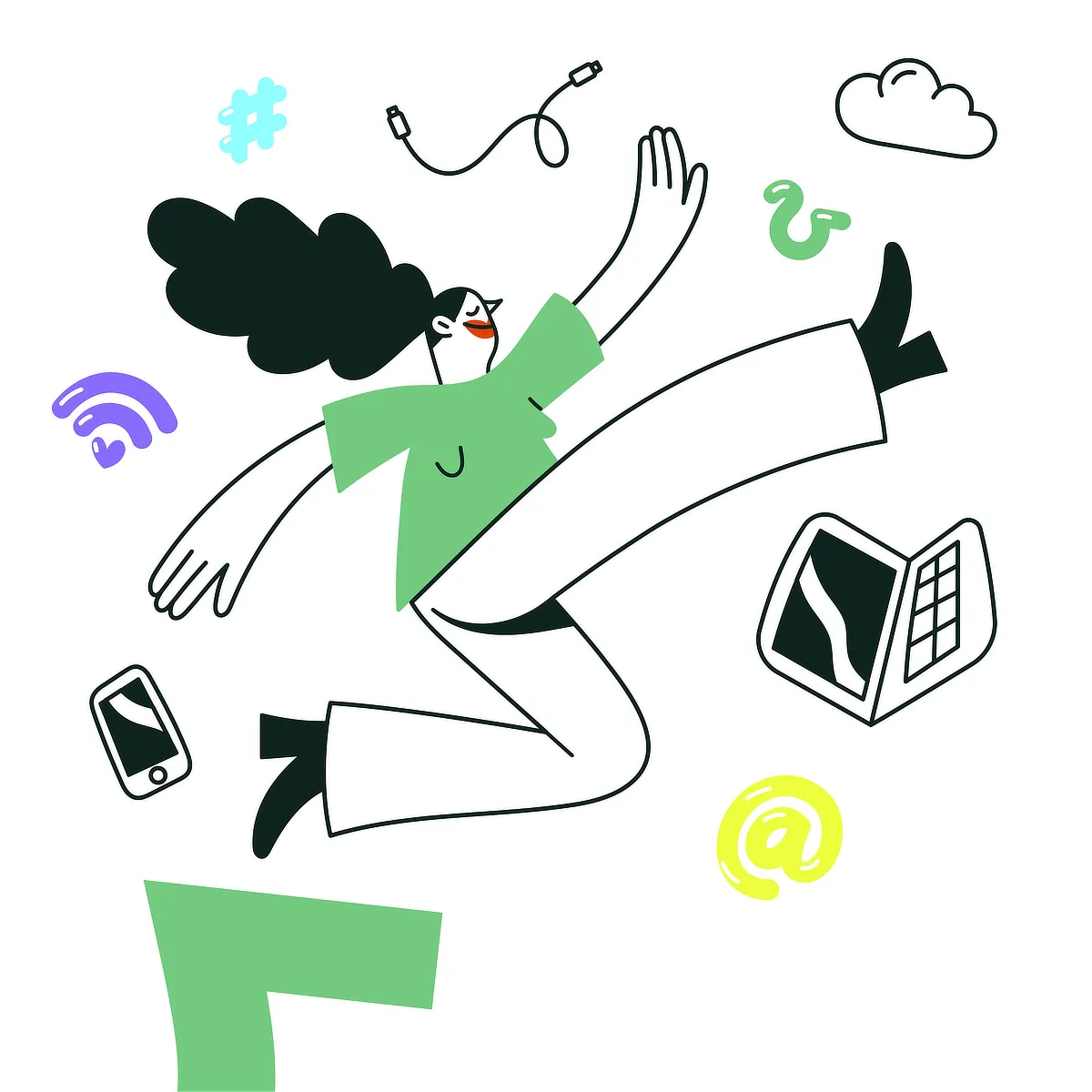 Ilustración de una mujer saltando con elementos tecnológicos alrededor, como móvil, portátil, iconos de conexión y nube, representando dinamismo y comunicación digital.