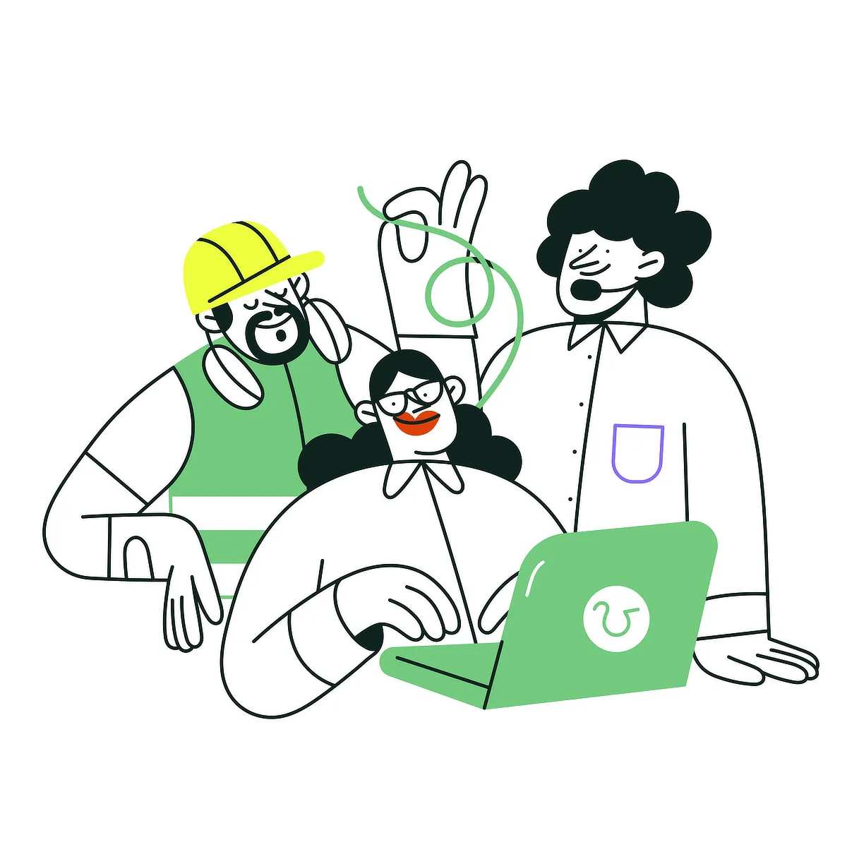 Ilustración de tres personas colaborando frente a un portátil, incluyendo una trabajadora, un técnico con casco y un operario, simbolizando trabajo en equipo en entornos tecnológicos.
