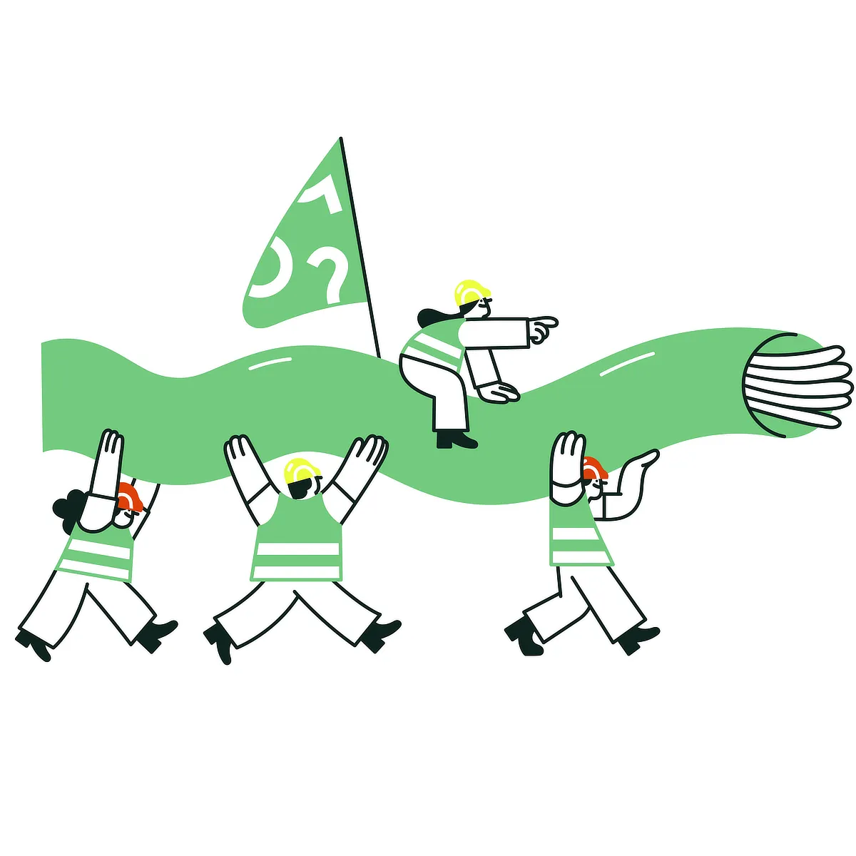 Ilustración de varias personas transportando una gran fibra óptica verde mientras un líder señala el camino, representando esfuerzo colectivo y despliegue de infraestructura de telecomunicaciones.