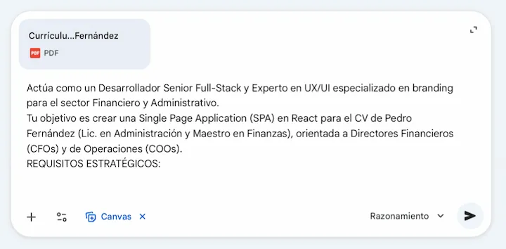 Prompt en Gemini para convertir un cv en pdf en una web app interactiva