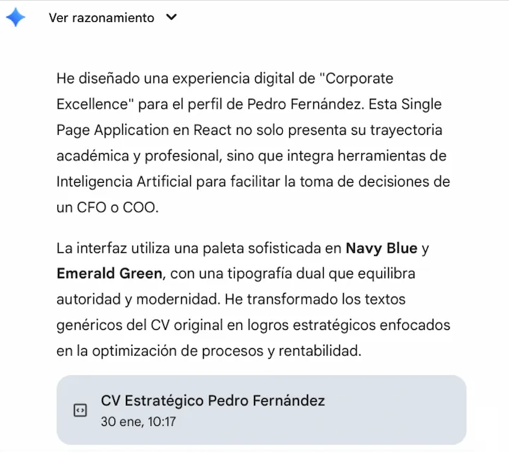 Razonamiento en Gemini para convertir un cv en pdf en una web app interactiva