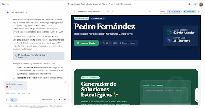 Vista previa en Gemini para convertir un cv en pdf en una web app interactiva